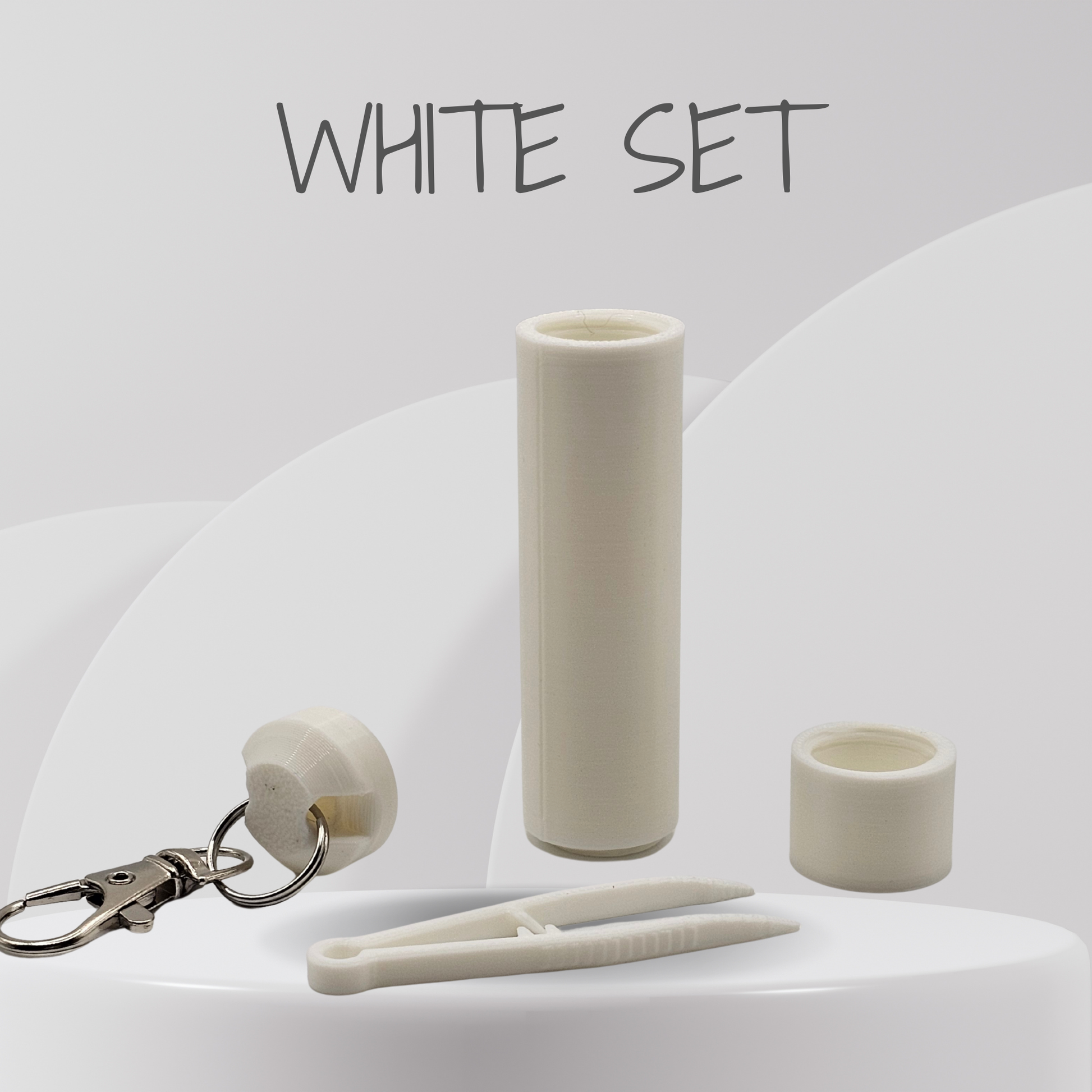 White cylindrical object, keychain, and clips on a white background with 'WHITE SET' text.