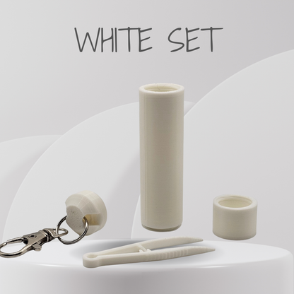 White cylindrical object, keychain, and clips on a white background with 'WHITE SET' text.