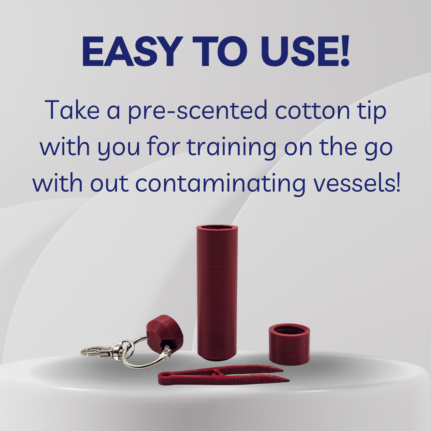 Red cotton swab holder with keychain and pre-scented cotton tip on a white background, text 'EASY TO USE!'.