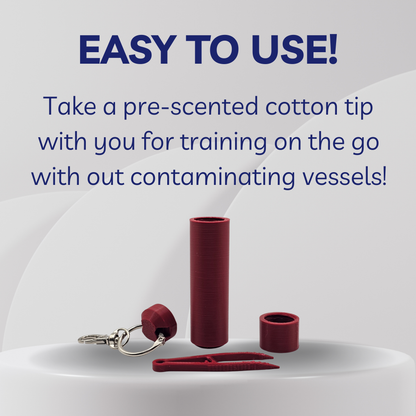 Red cotton swab holder with keychain and pre-scented cotton tip on a white background, text 'EASY TO USE!'.