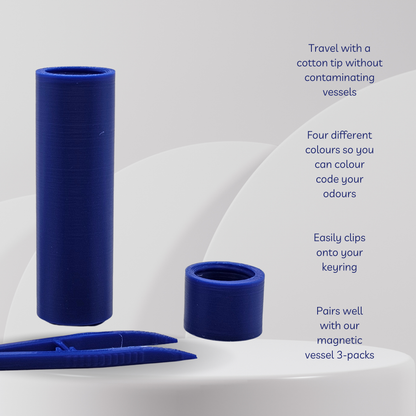 Blue travel container with cotton tip and text on a white background