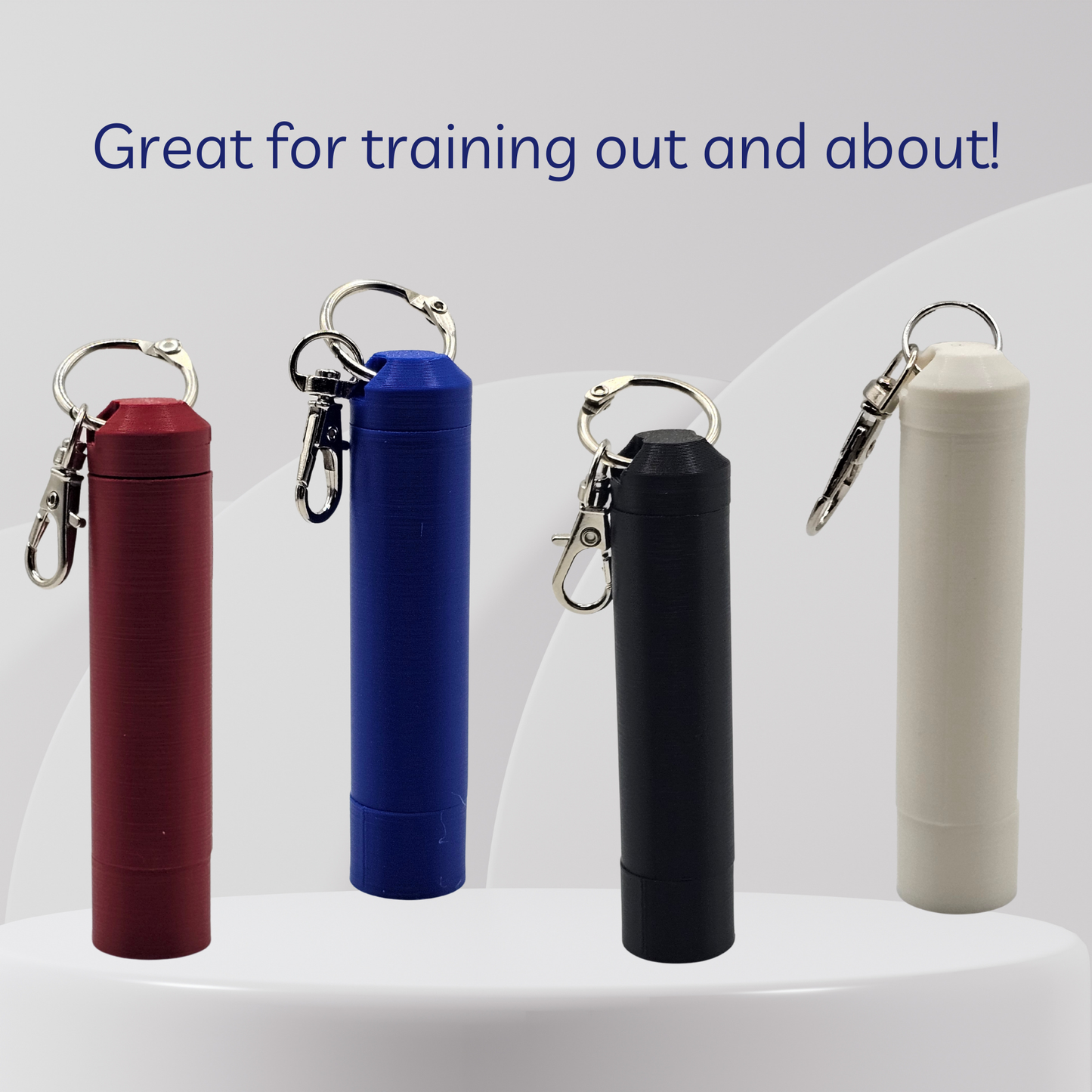 Four keychain travel sets in different colors on a white background with text 'Great for training out and about!'.