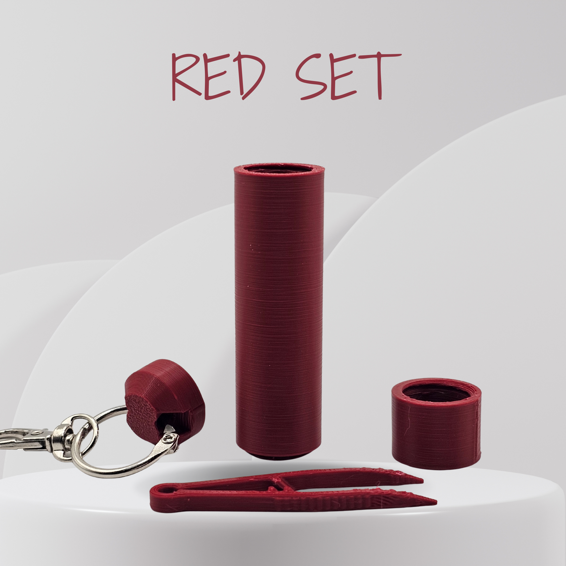 Red keychain, and other items on a white background with 'RED SET' text.