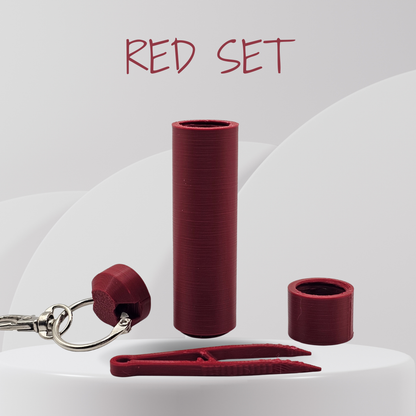 Red keychain, and other items on a white background with 'RED SET' text.
