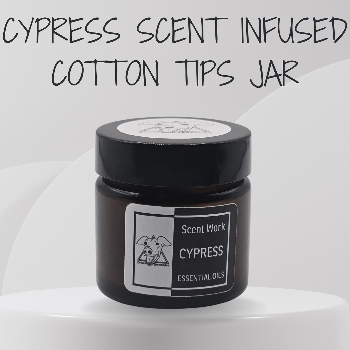 Jar of Cypress scent infused cotton tips with a label on a white background