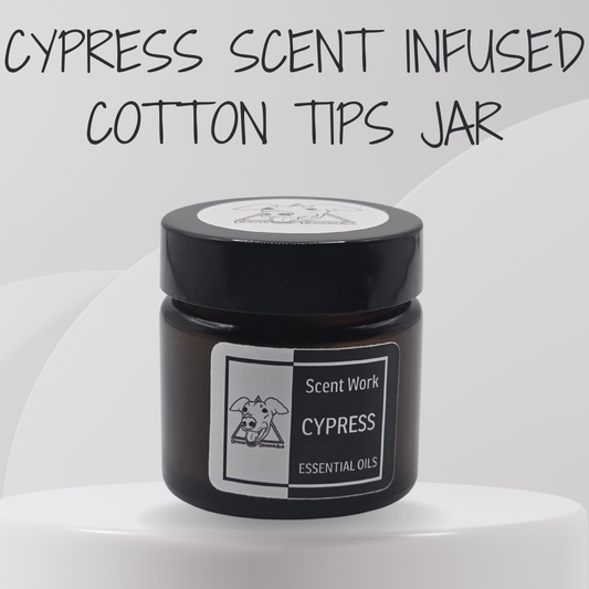 Jar of Cypress scent infused cotton tips with a label on a white background