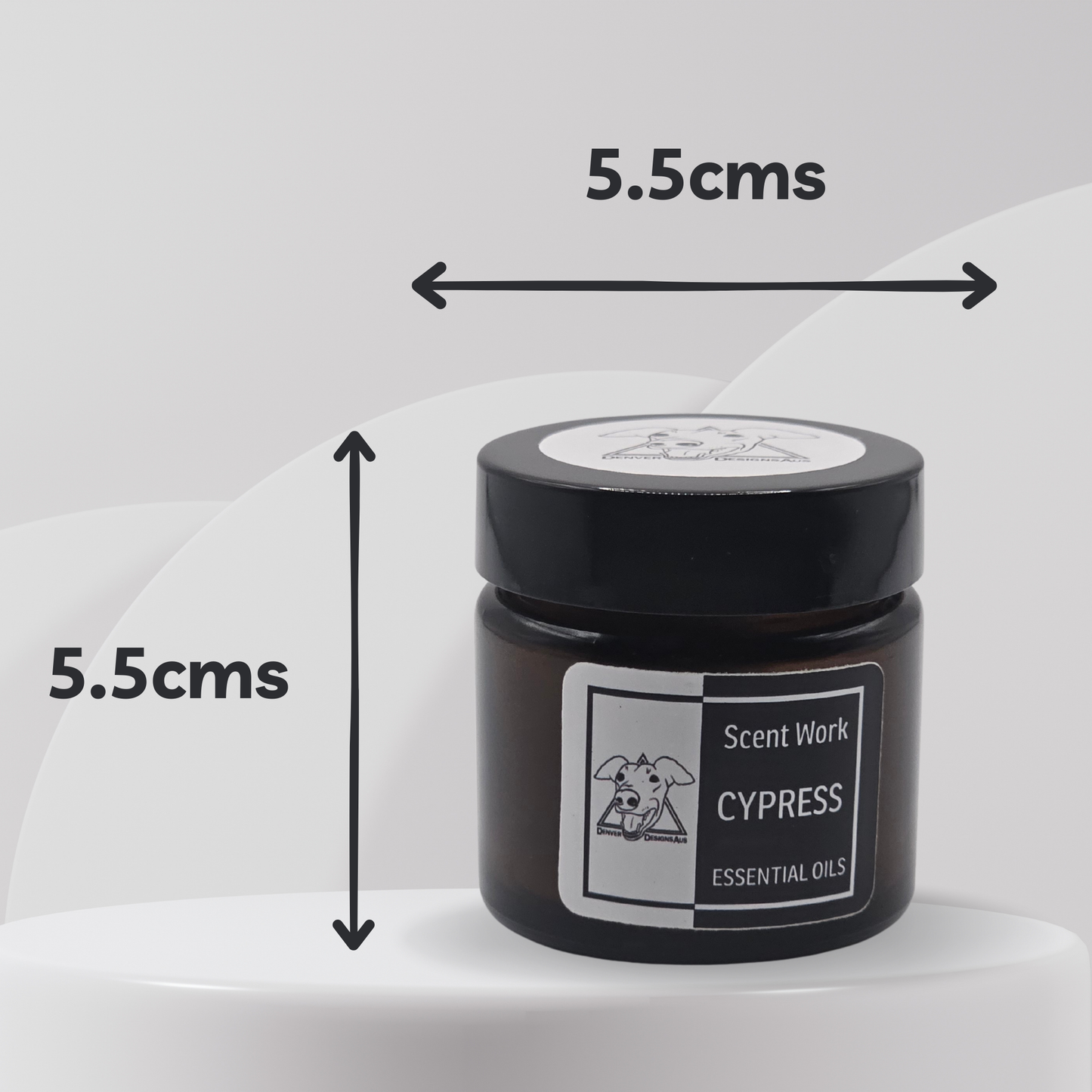 Jar of Cypress essential oils with dimensions labeled on a white background