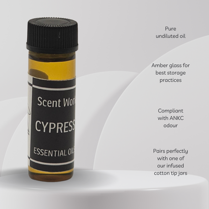Cypress essential oil bottle with text on a white background