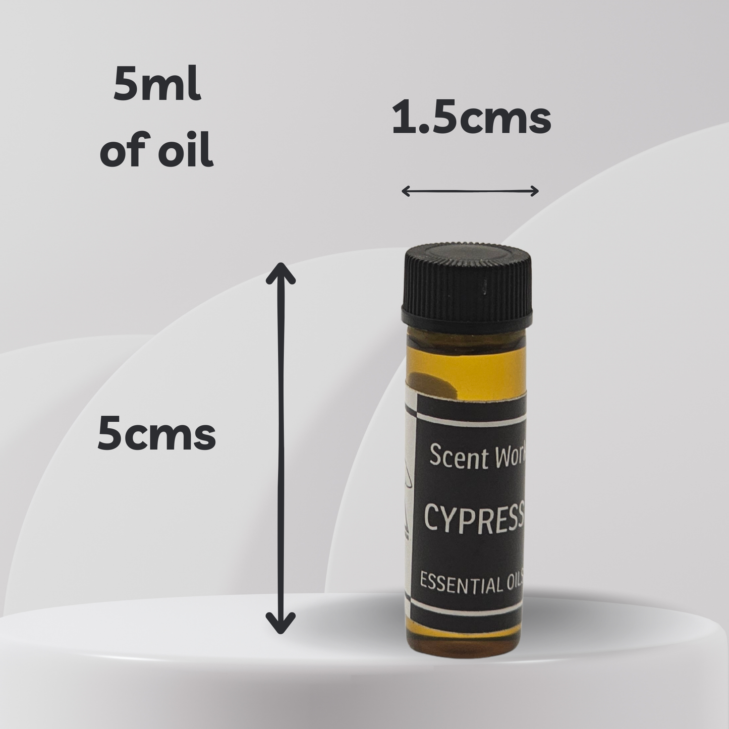 Cypress essential oil bottle with measurements on a white background