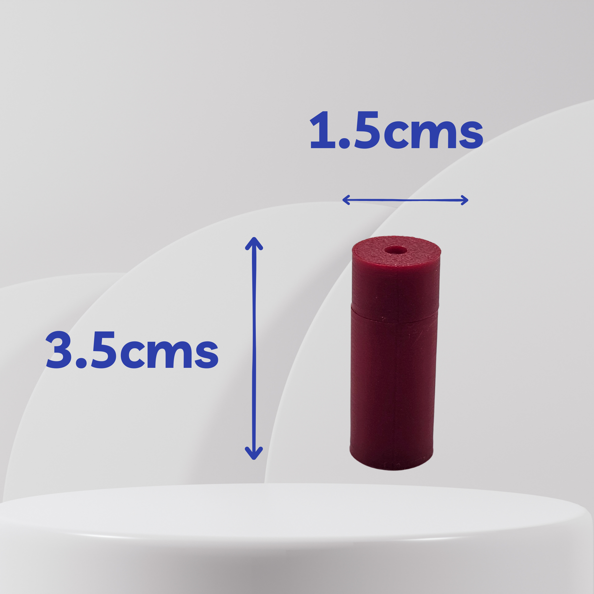 A dark red cylindrical scent vessel shown on a white pedestal with blue dimension arrows and text indicating a height of 3.5cm and a width of 1.