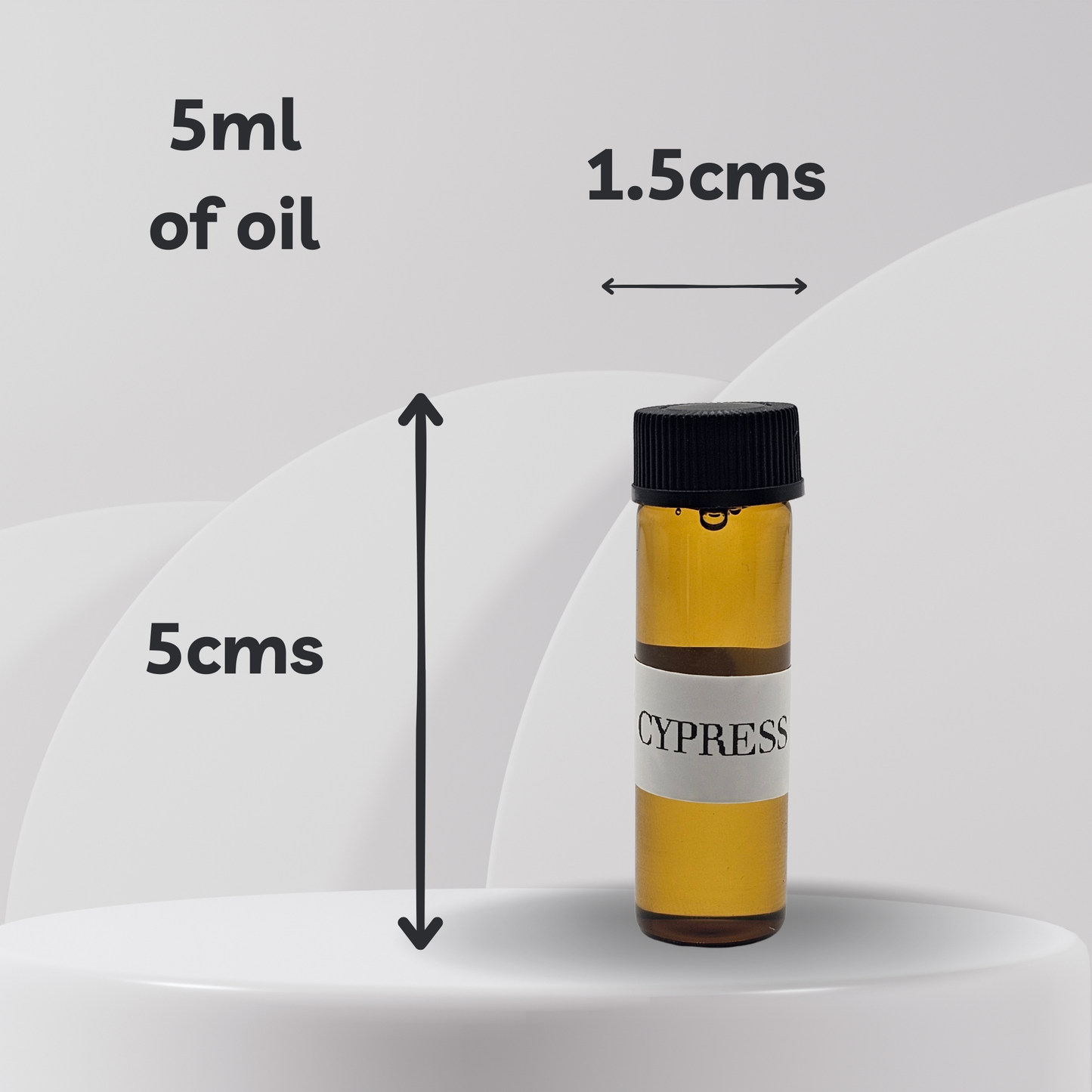 Vial labeled 'Cypress' with measurements on a white background