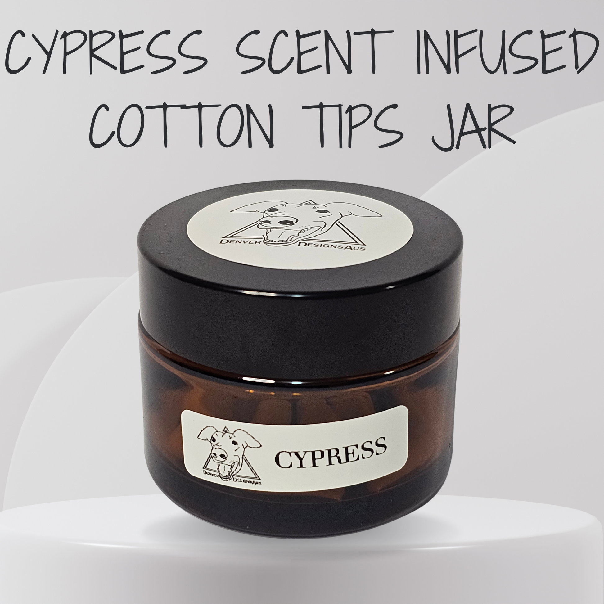 Cypress scented cotton tips jar with a black lid on a white background
