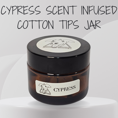 Cypress scented cotton tips jar with a black lid on a white background