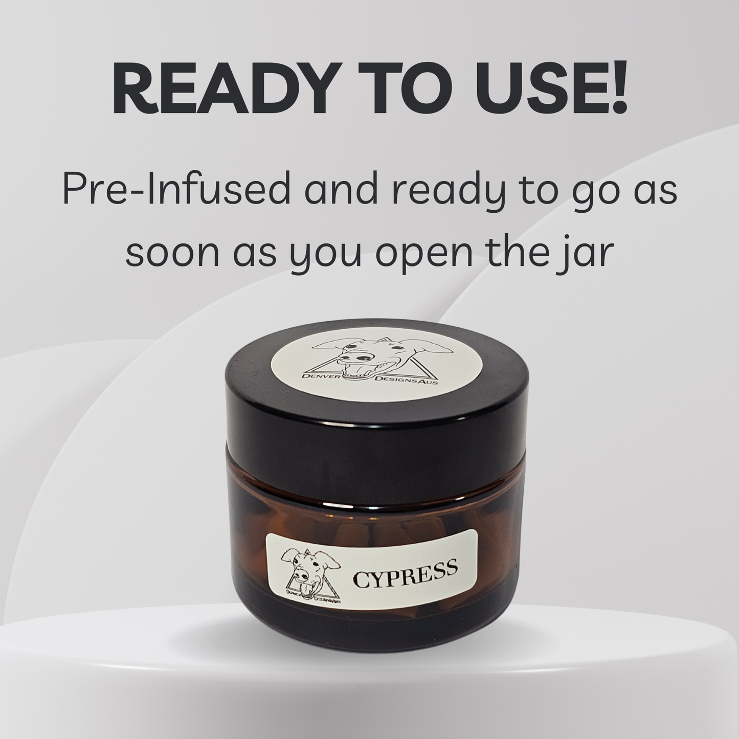 Jar labeled 'Cypress' with text 'Ready to use! Pre-infused and ready to go as soon as you open the jar' on a white background.