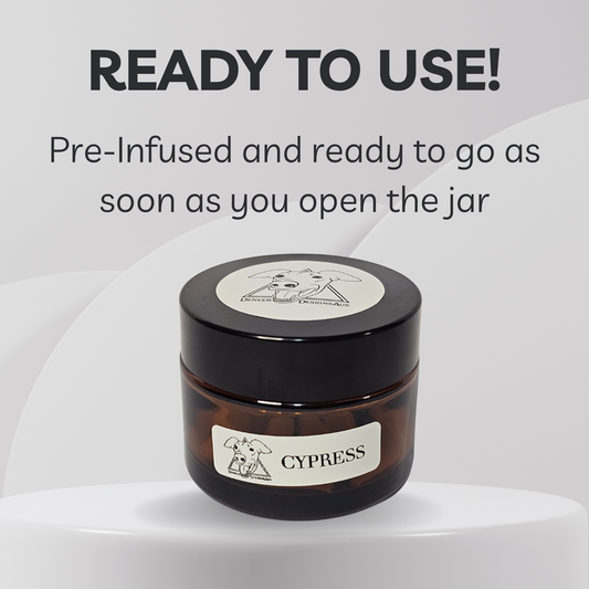 Jar labeled 'Cypress' with text 'Ready to use! Pre-infused and ready to go as soon as you open the jar' on a white background.