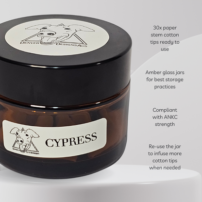 Amber glass jar labeled 'Cypress' with a black lid on a white background