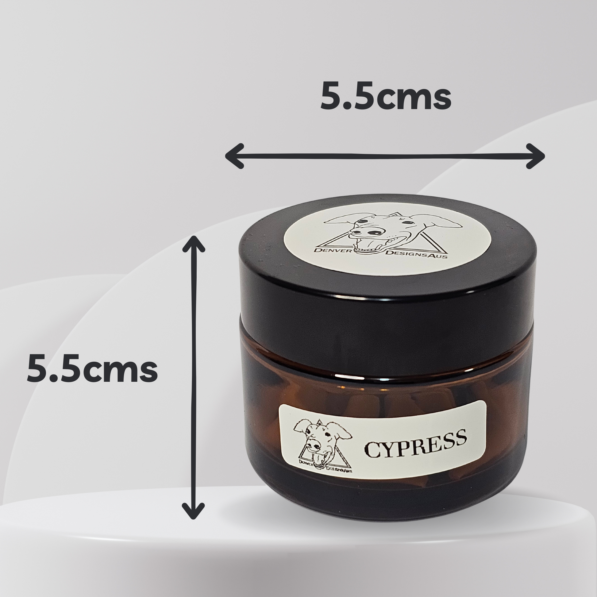 Jar labeled 'Cypress' with dimensions indicated on a white background