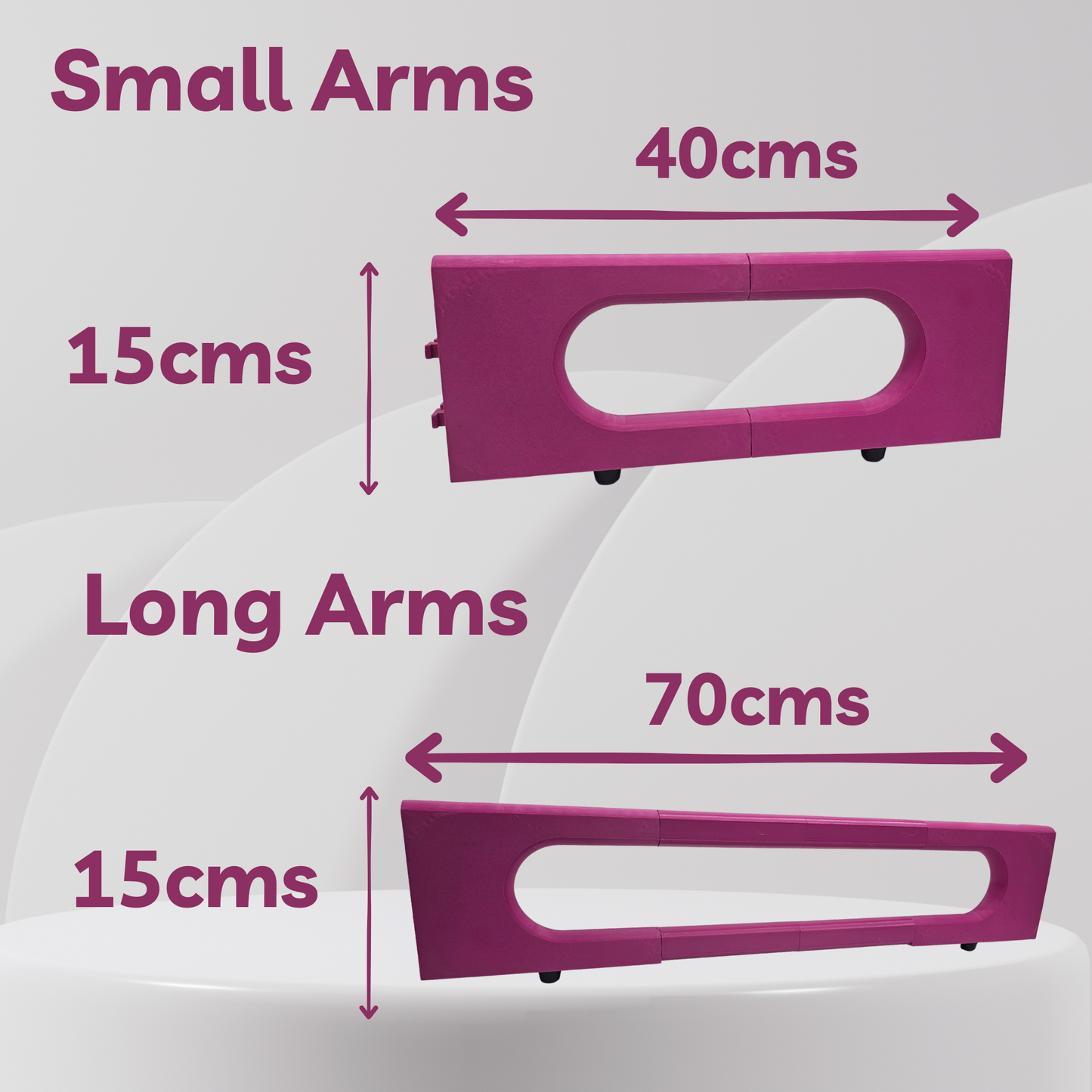 Measurement chart showing dimensions of 'Small Arms' and 'Long Arms' with corresponding lengths.