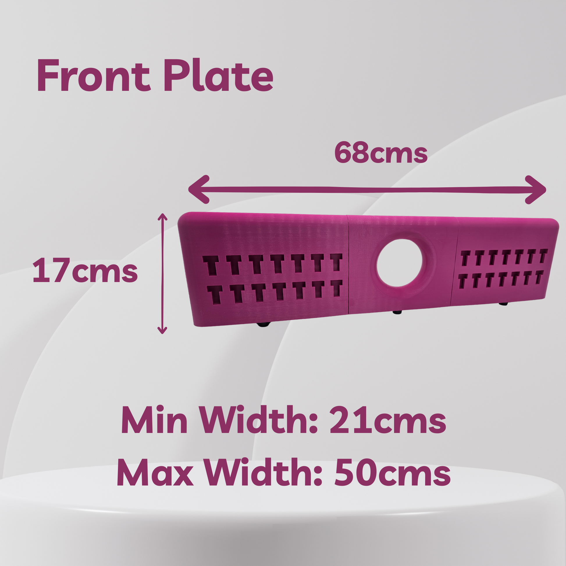 Measurement details of a pink front plate on a white background
