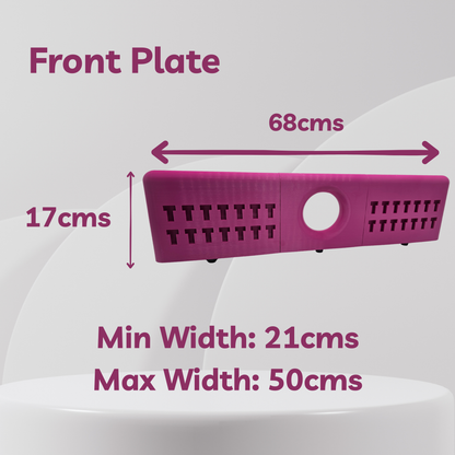 Measurement details of a pink front plate on a white background