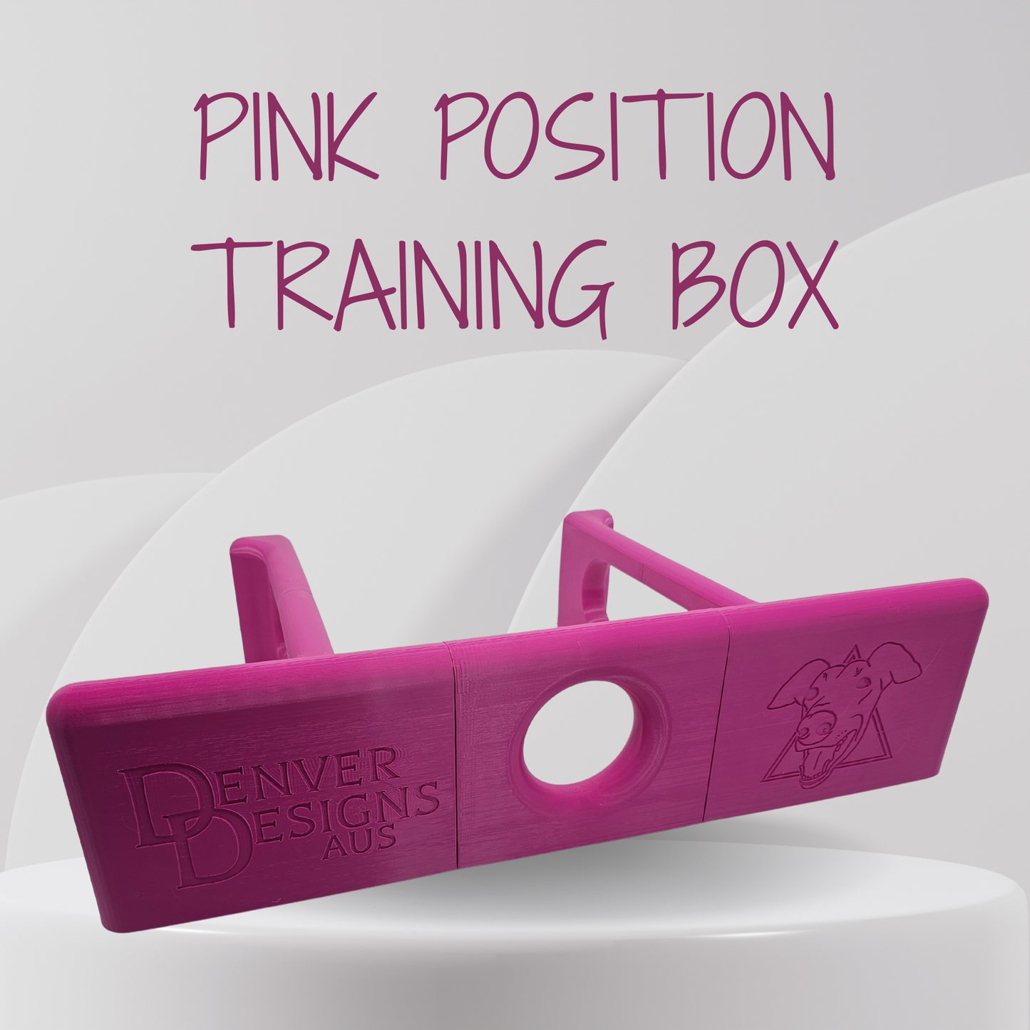 Pink position training box with 'Denver Designs Aus' branding on a white background
