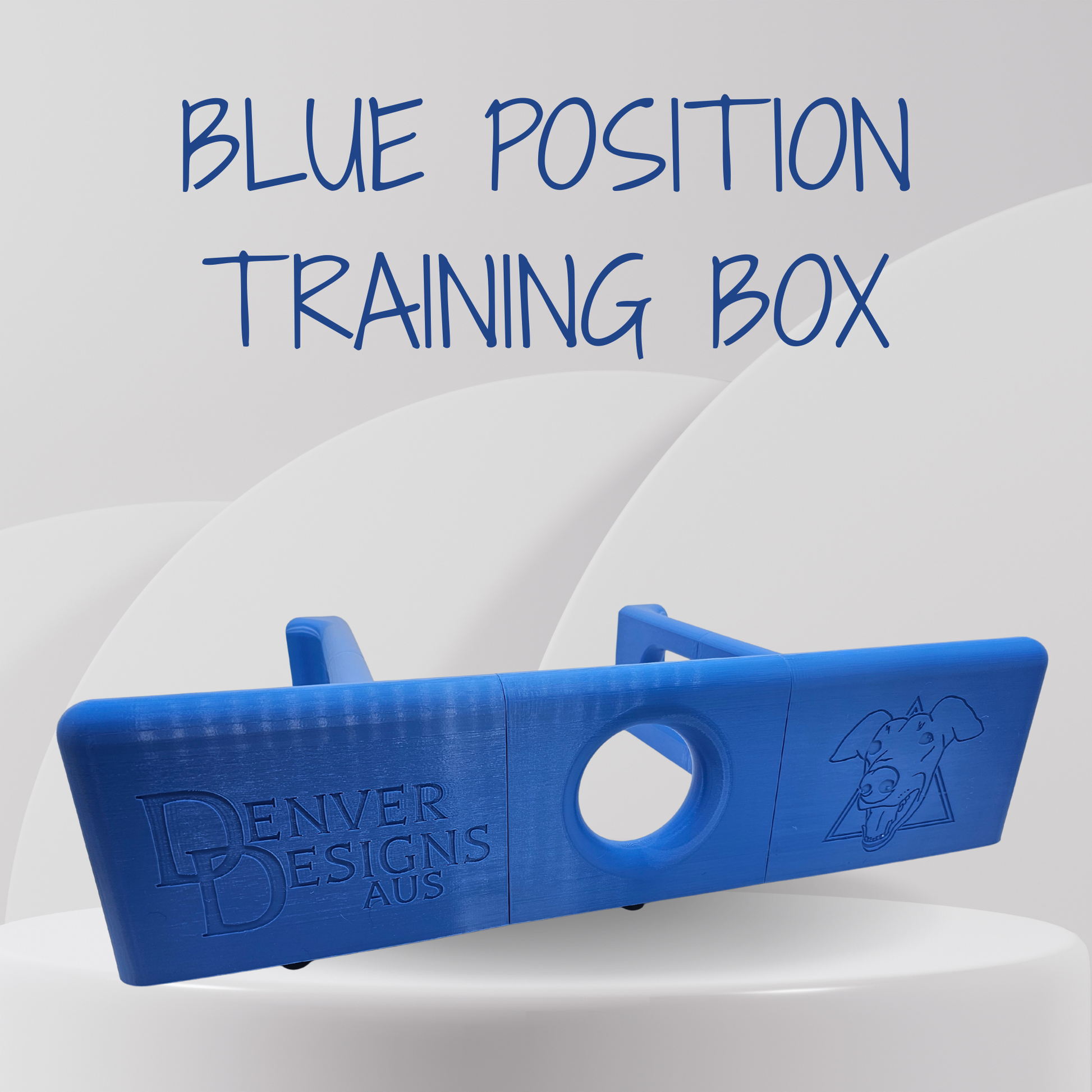 Blue position training box with Denver Designs Aus branding on a white background