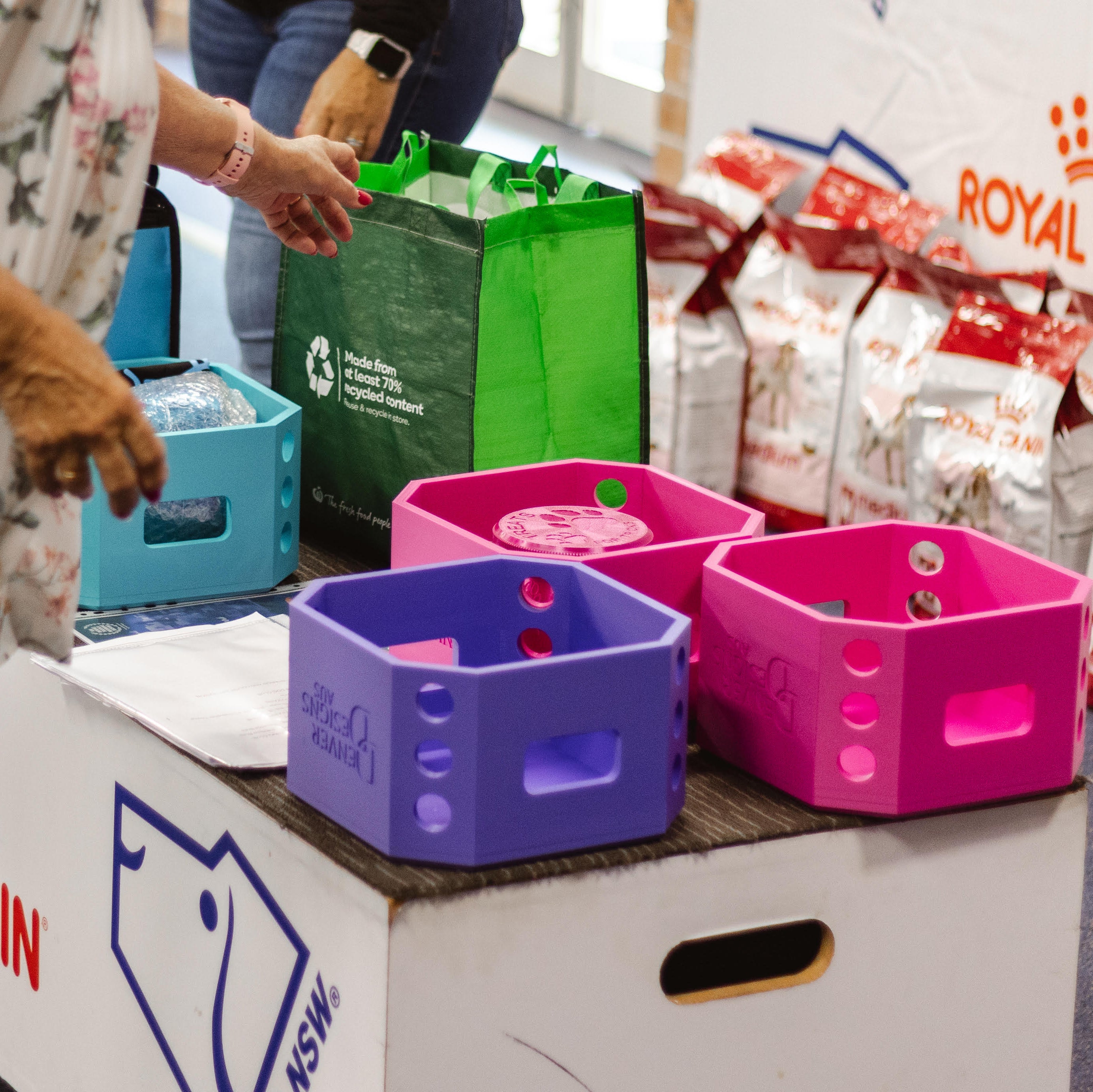 Person interacting with colorful crates and Royal Canin pet food bags in a store setting.