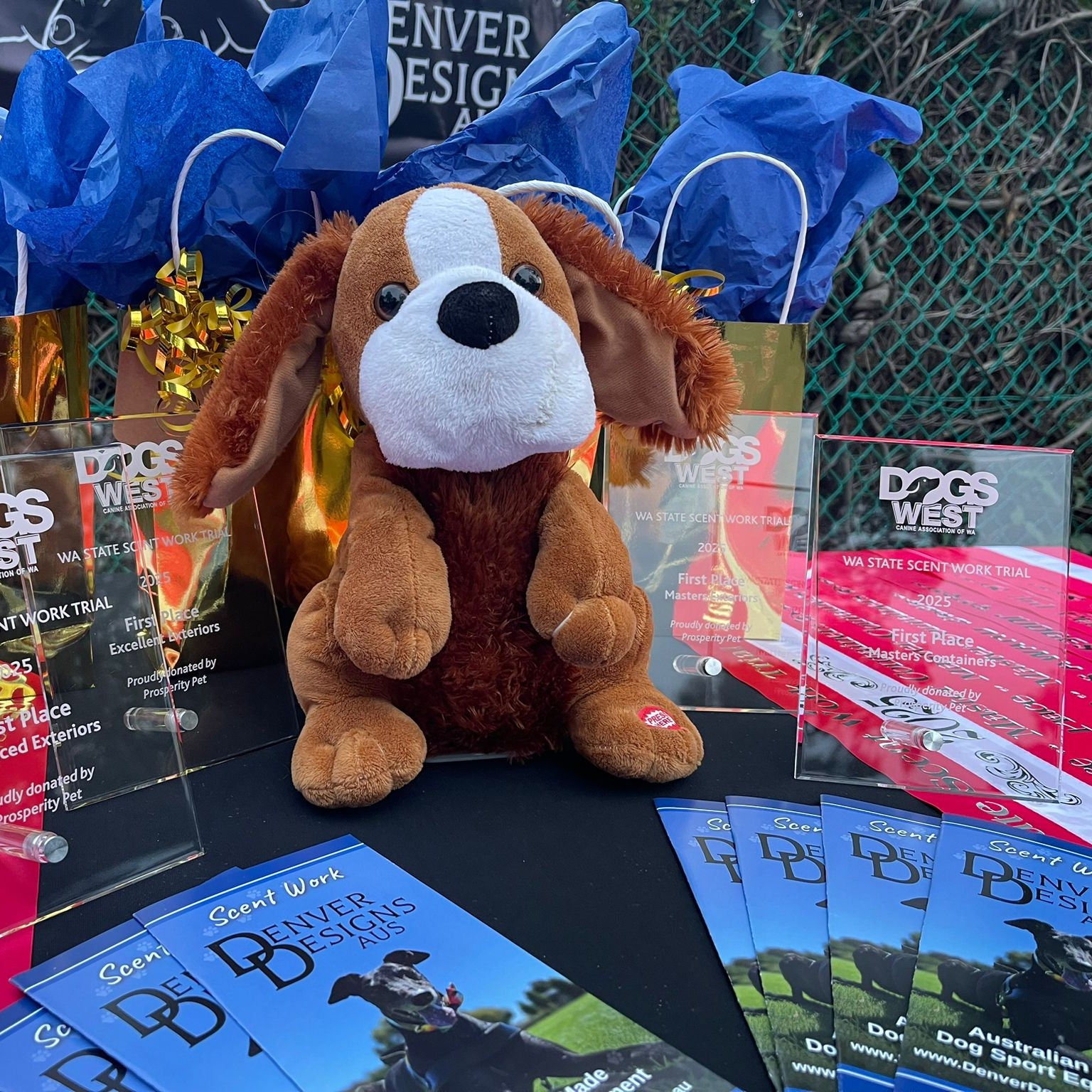Plush dog toy with 'Dogs West' branding on a table with brochures and promotional materials.