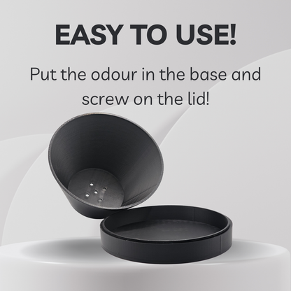 Black container with lid on a white background, featuring text about ease of use.
