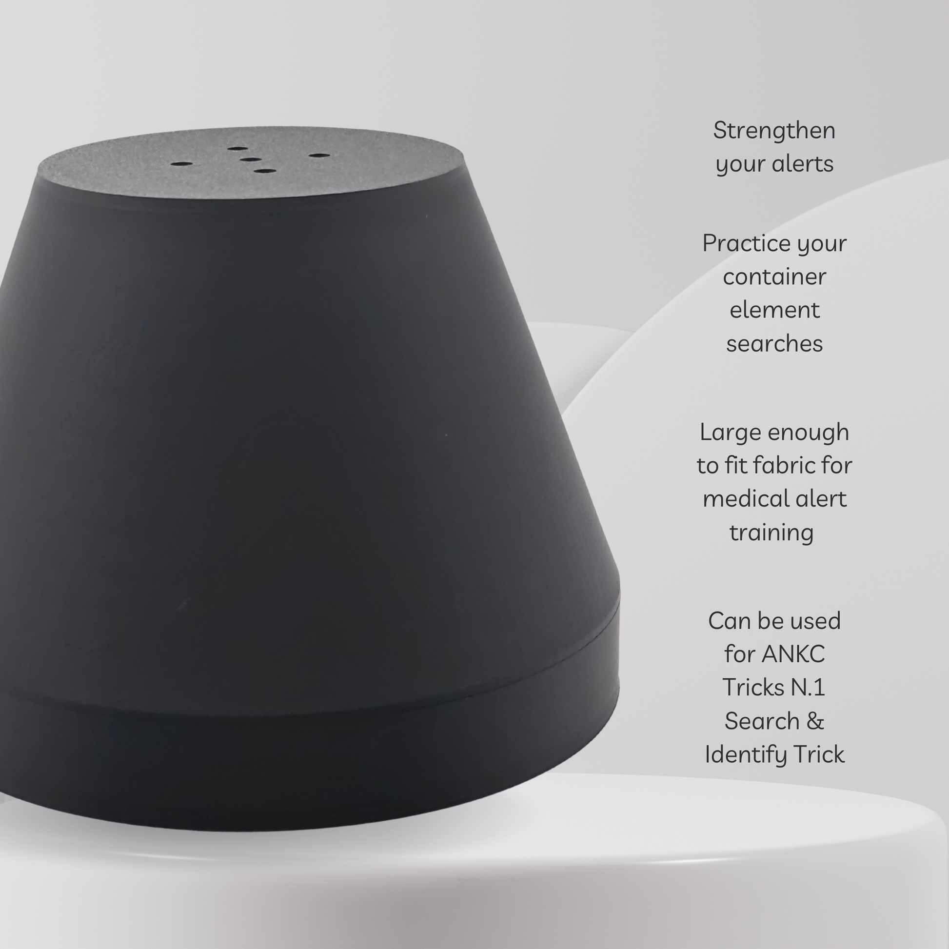 Black container on a white background with text about its uses.