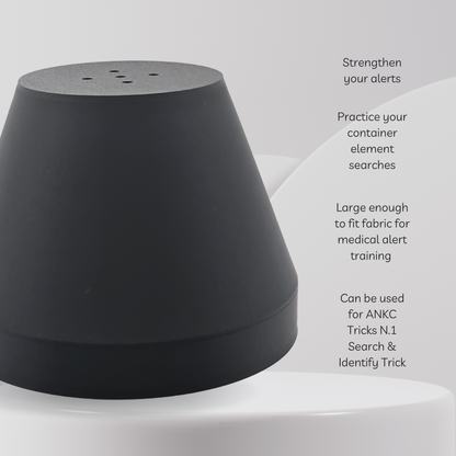 Black container on a white background with text about its uses.