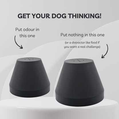 Two black containers with text on a light gray background