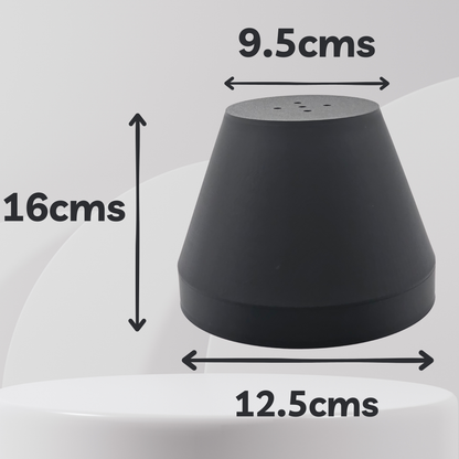 Measurement of a black container with text indicating its dimensions.