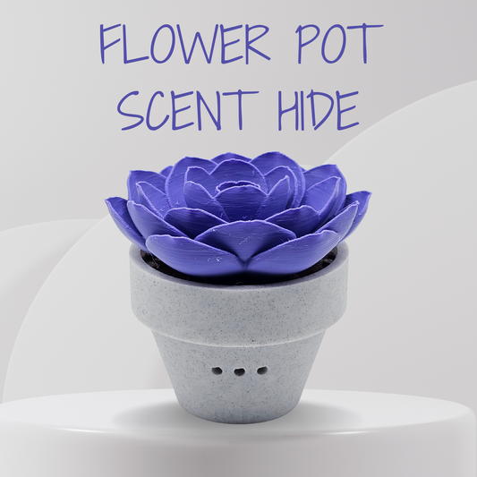 Purple flower-shaped scented product in a gray pot on a white background with text 'FLOWER POT SCENT HIDE'.