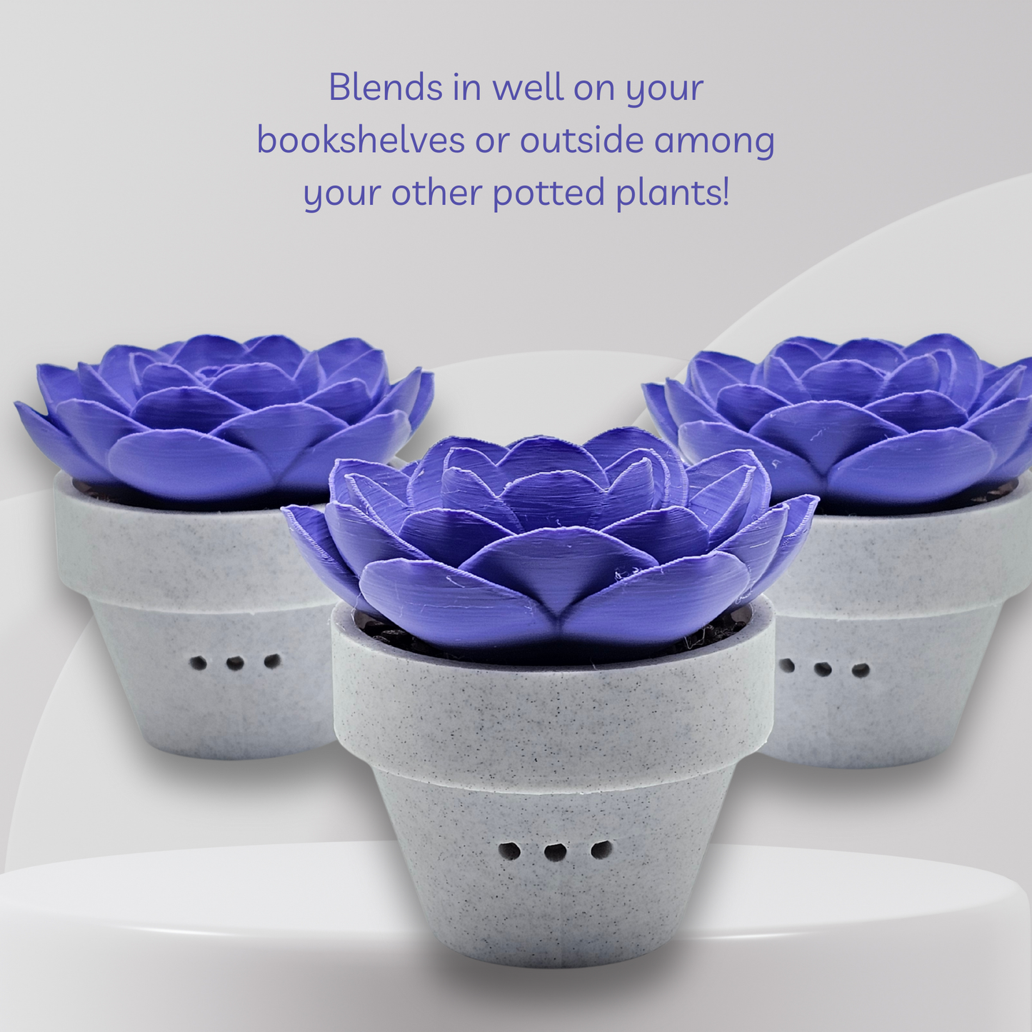 Three purple artificial succulents in gray pots on a white surface with text about their use.