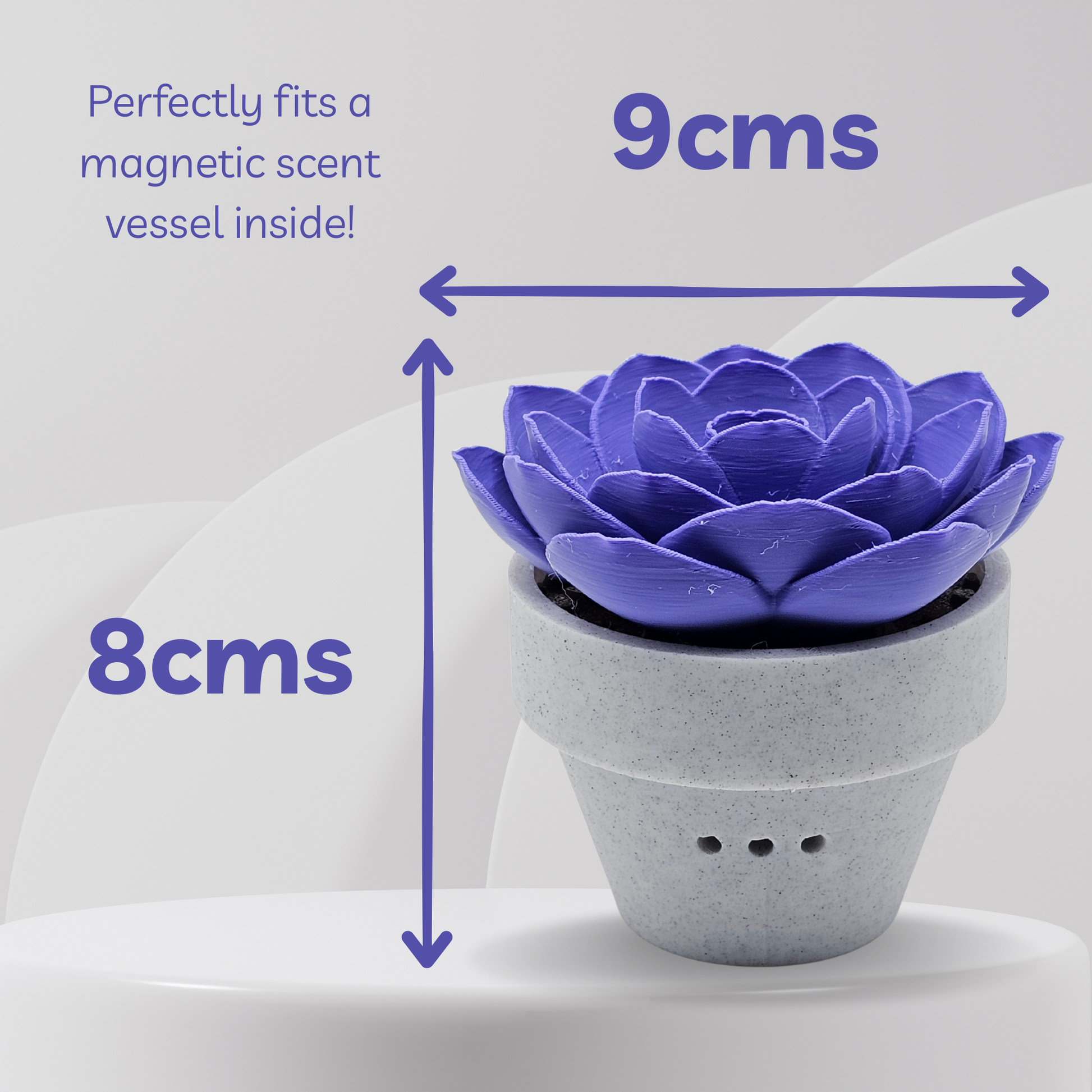 Purple flower-shaped magnetic scent vessel with dimensions indicated on a white background