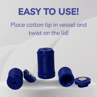 Blue 3D-printed cotton tip storage vessels shown on a light gray background with instructional text reading 'EASY TO USE! Place cotton tip in vessel and twist on the lid!'.