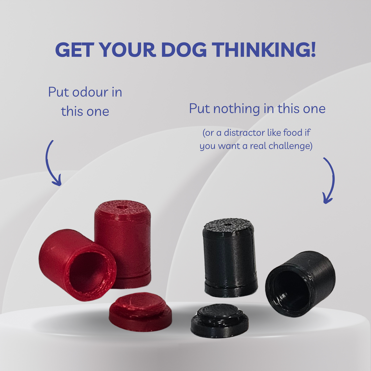 A set of cylindrical dog training or scent-detection devices shown on a light gray graphic background with explanatory text. The image features red metallic devices labeled 'Put odour in this one' and black devices labeled 'Put nothing in this one (or a distractor like food if you want a real challenge)'.