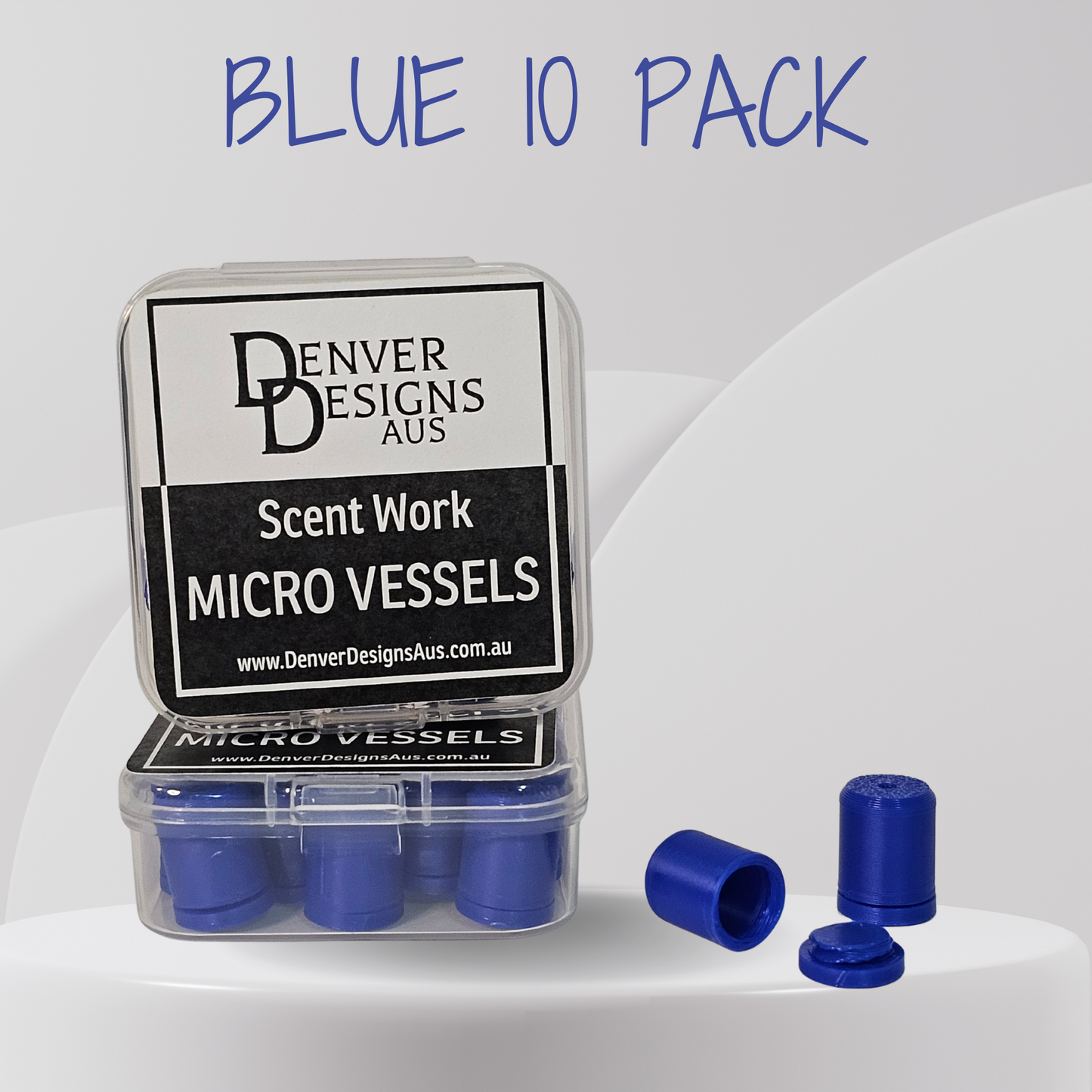 A 10-pack of blue micro vessels for scent work by Denver Designs Aus, shown in a clear plastic case with three loose blue vessels on a light gray background with blue text reading 'BLUE 10 PACK'.