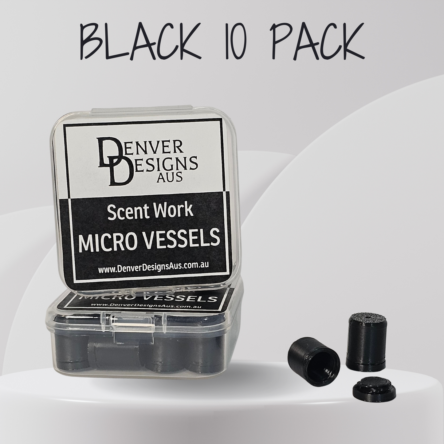 A 10-pack of black micro vessels for scent work, shown in a clear plastic case with a black and white label from Denver Designs Aus. Three loose black micro vessels are displayed next to the case on a clean, light gray background with 'BLACK 10 PACK' text at the top.