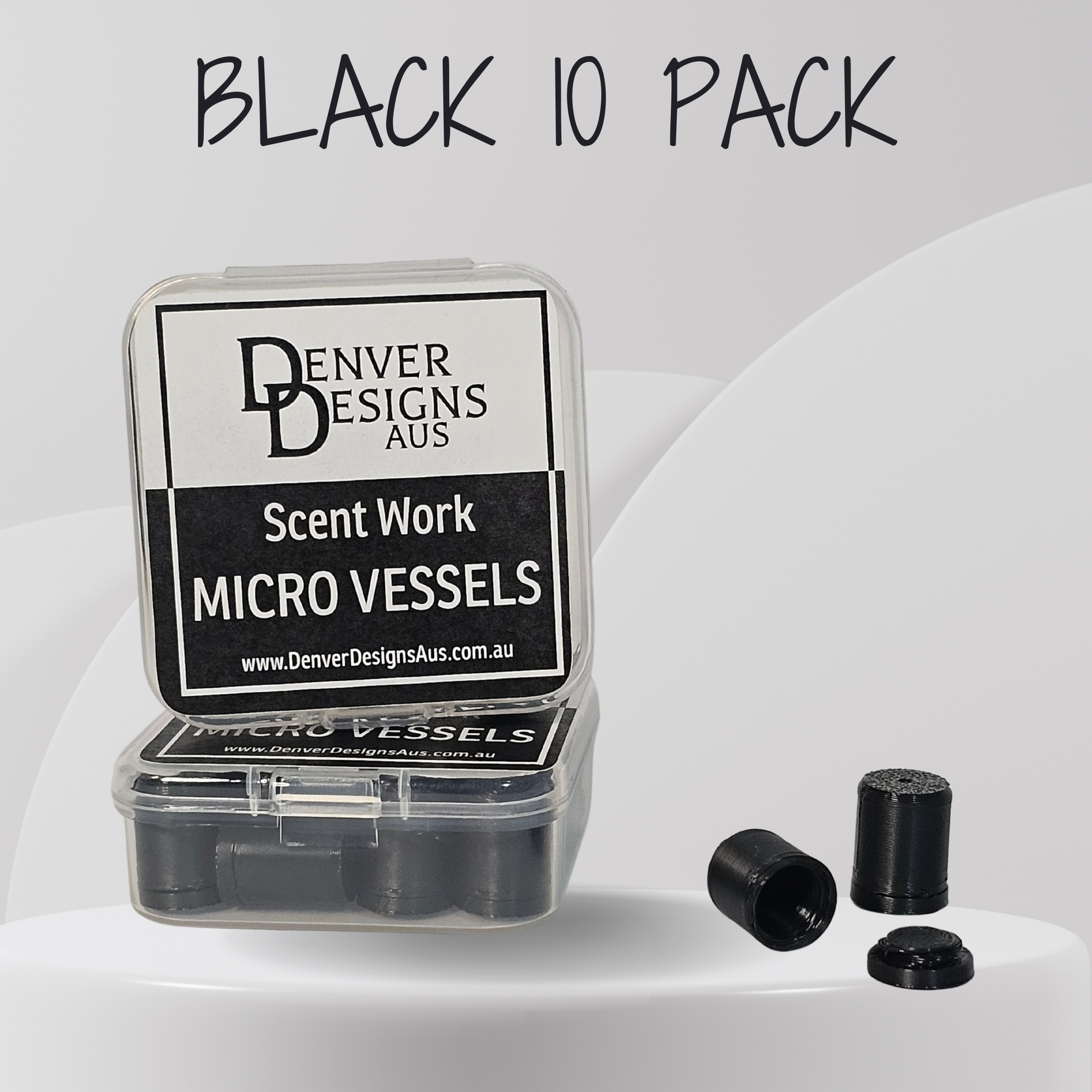 A 10-pack of black micro vessels for scent work, shown in a clear plastic case with a black and white label from Denver Designs Aus. Three loose black micro vessels are displayed next to the case on a clean, light gray background with 'BLACK 10 PACK' text at the top.