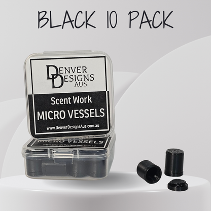 A 10-pack of black micro vessels for scent work, shown in a clear plastic case with a black and white label from Denver Designs Aus. Three loose black micro vessels are displayed next to the case on a clean, light gray background with 'BLACK 10 PACK' text at the top.