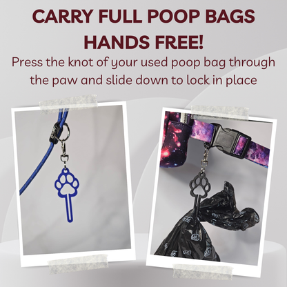 Promotional graphic for a pet poop bag carrier. Text at the top reads 'CARRY FULL POOP BAGS HANDS FREE!' with instructions below.