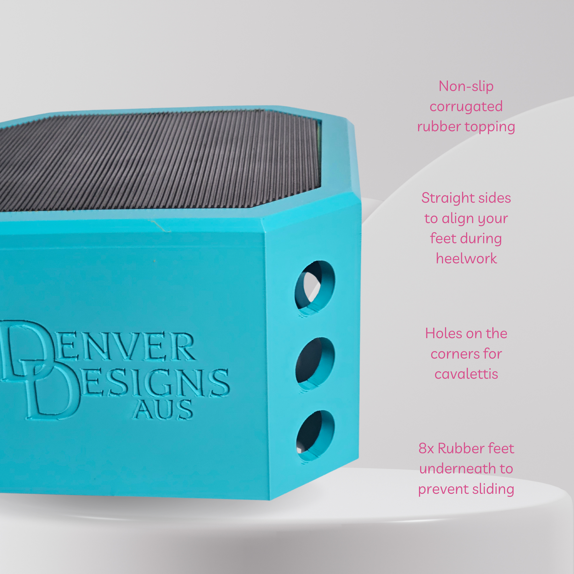 Turquoise pivot training block with text detailing features on a white background