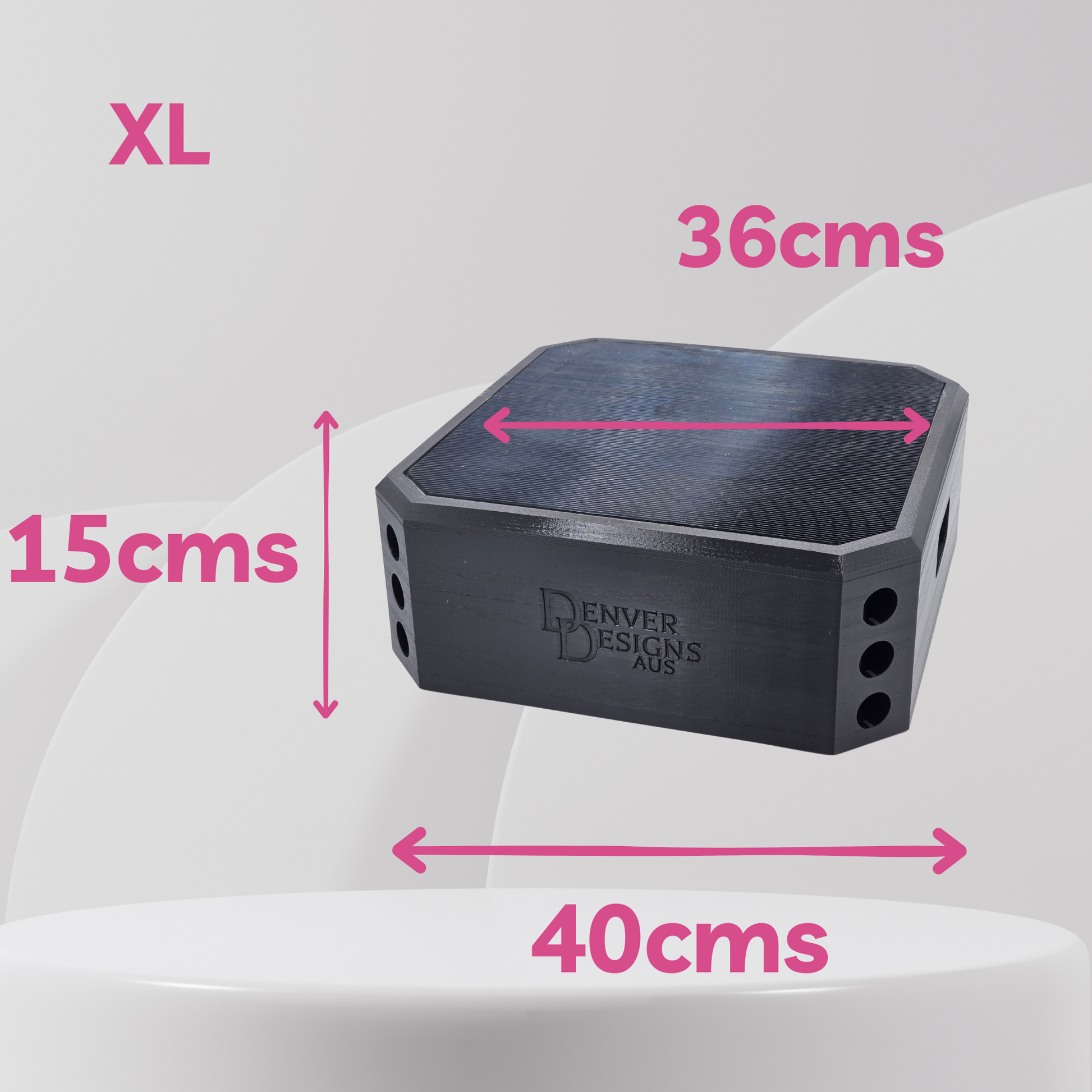 Black hexagonal product with measurements and 'Denver Designs Aus' branding on a white background