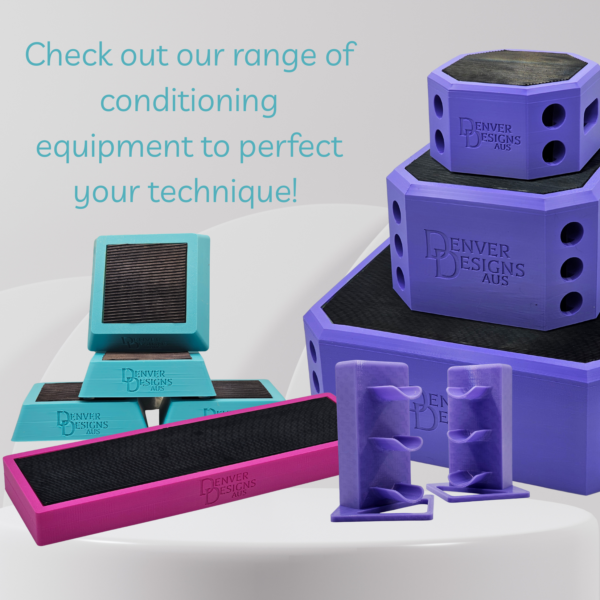 Denver Designs conditioning equipment on a white background with promotional text.
