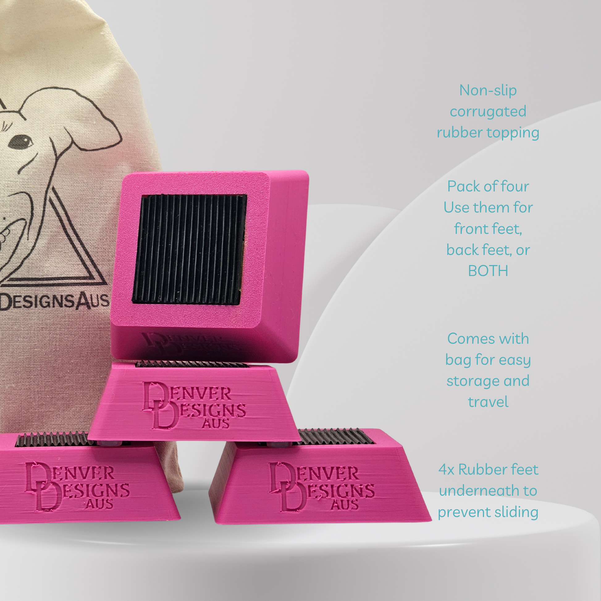 Pink foot targets with 'Denver Designs Aus' branding on a white background