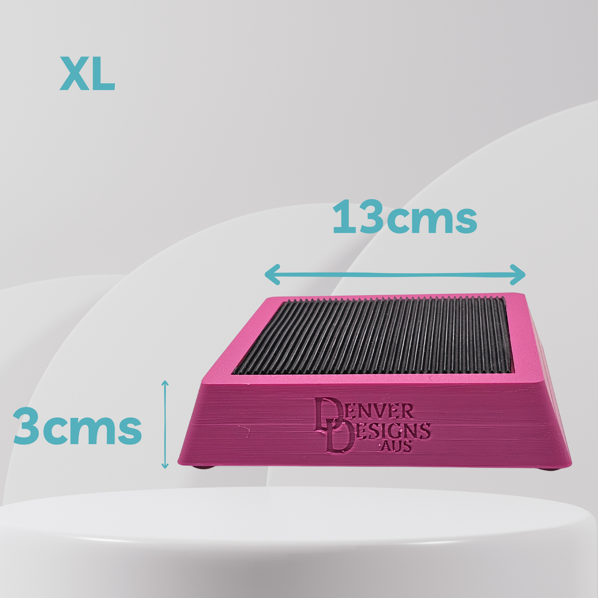 Pink foot target with measurements and 'Denver Designs Aus' branding on a white background