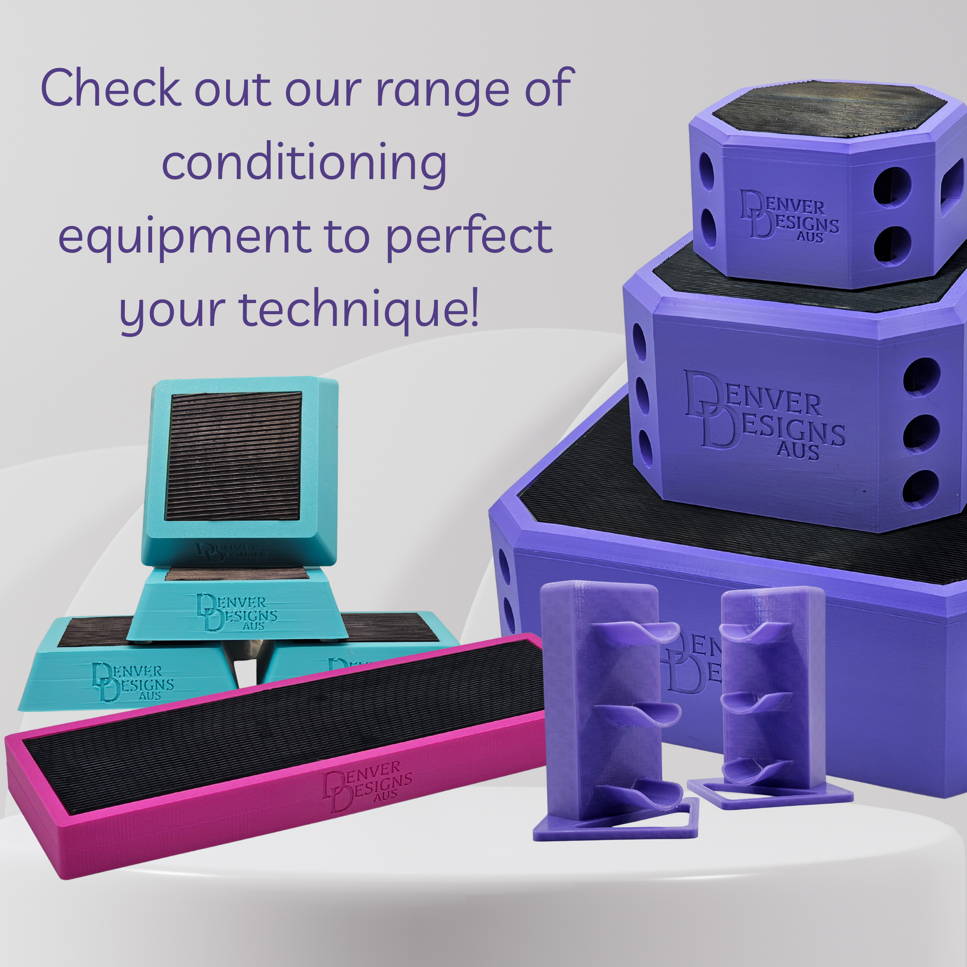 Denver Designs conditioning equipment on a white background with promotional text.