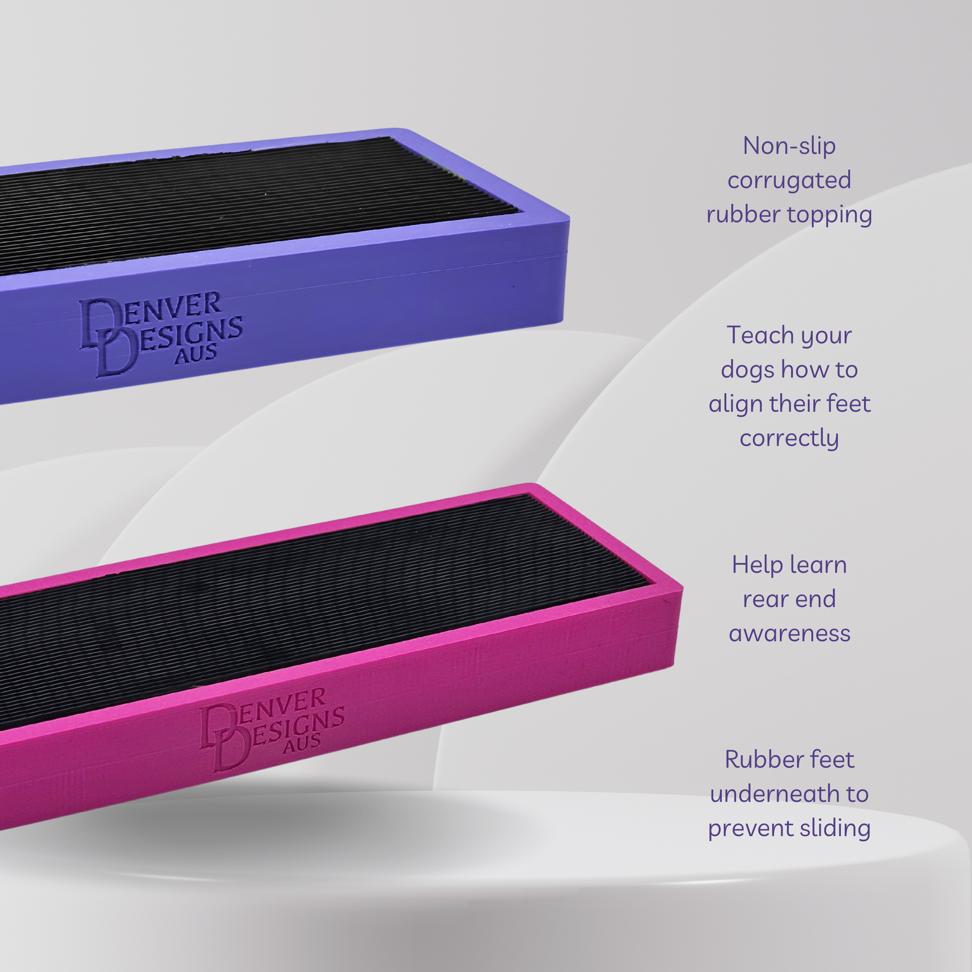 Two dog training platforms with purple and pink bases on a white background, featuring text about their use.
